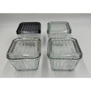 Anchor Hocking 1932 VTG Glass Ribbed Square Refrigerator Dish Lid 4" set of 4